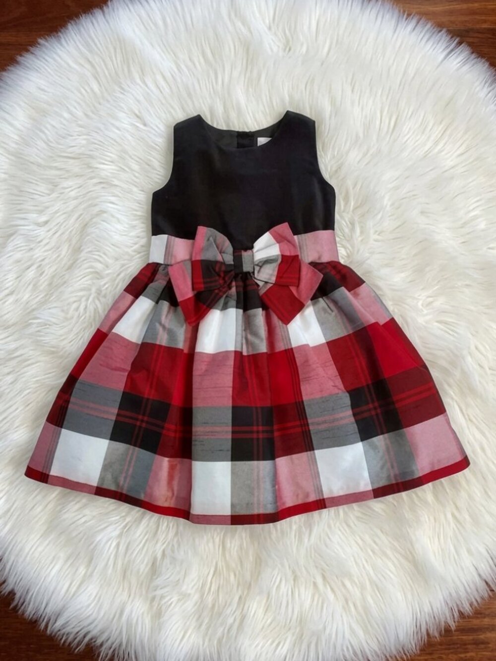 Girls Black Bodice Red Plaid Holiday Dress with Bow